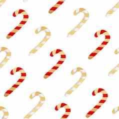 水彩红色的黄金条纹糖果拐杖无缝的模式白色背景圣诞节织物纺织包装剪贴簿壁纸