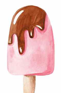 水彩粉红色的冰奶油巧克力一流的坚持白色背景甜点插图