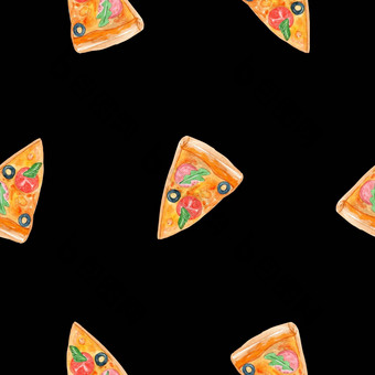 水彩披萨片无缝的模式黑色的背景织物纺织糕点剪贴簿包装纸意大利食物品牌