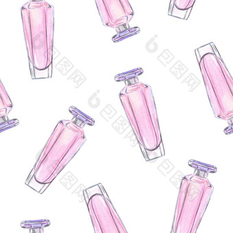 水彩手画粉红色的香水瓶模式白色背景织物纺织剪贴簿包装纸邀请