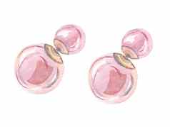 水彩粉红色的球形状的耳环pusets一对孤立的白色背景