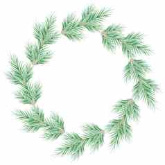 水彩绿色冷杉树分支机构花环白色背景轮圣诞节花环模板