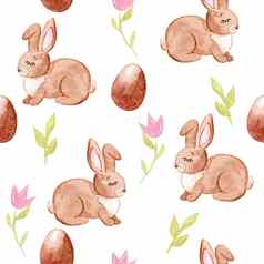 水彩手画复活节棕色（的）兔子巧克力鸡蛋花无缝的模式白色背景邀请模板剪贴簿壁纸织物纺织包装纸