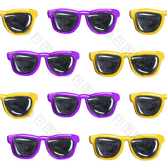 水彩黄色的紫色的太阳镜赶时髦的人风格无缝的模式白色背景织物纺织剪贴簿包装纸品牌