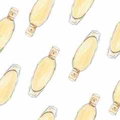 水彩黄色的香水瓶无缝的模式白色背景织物纺织剪贴簿包装纸邀请