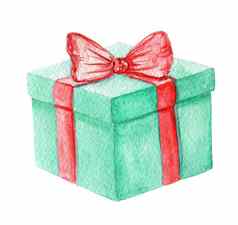 水彩绿色礼物盒子红色的丝带白色背景一年圣诞节生日