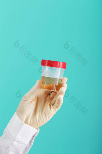 容器生物材料<strong>尿液</strong>分析手医生白色橡胶手套青蓝色的背景
