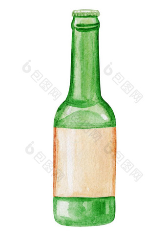 水彩绿色啤酒瓶孤立的白色
