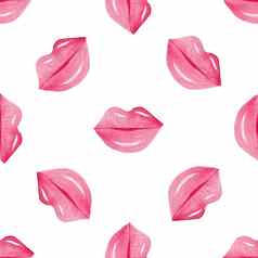 水彩吻无缝的模式白色背景粉红色的嘴唇打印情人节一天包装