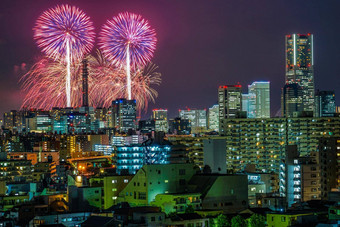 横滨城市景观烟花minato,聪明的节日