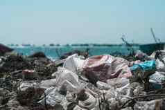 海地平线行真正的海洋生活气候危机自然土地污染脏沙子海滩扔户外塑料垃圾浪费环境保护问题垃圾引起的男人。使