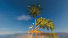 旅行娱乐概念热带岛中间海洋棕榈树甲板椅子手提箱呈现
