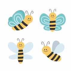可爱的简单的设计卡通黄色的黑色的蜜蜂白色背景