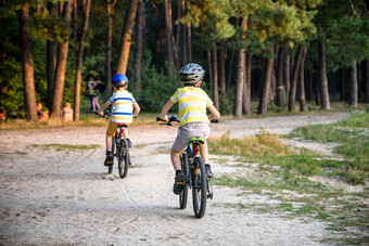 家庭公园自行车兄弟姐妹兄弟孩子们男孩竞争骑视图回来