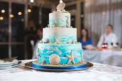 美丽的婚礼蛋糕新婚夫妇婚礼航海风格生日蛋糕宴会