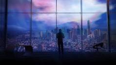 商人办公室窗口俯瞰城市摩天大楼渲染