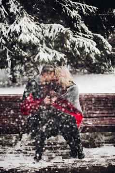 夫妇爱坐着板凳上微笑下雪森林