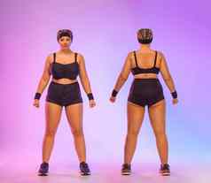 大号夫人超重女人运动服装粉红色的背景脂肪bodypositive女人前面回来视图