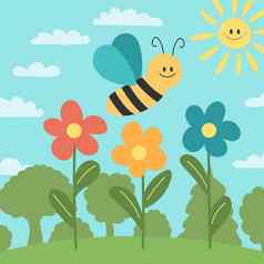 可爱的蜜蜂自然背景花树向量孩子们