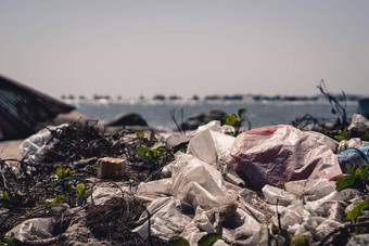 海地平线行真正的海洋生活气候危机自然土地污染脏沙子海滩扔<strong>户外</strong>塑料<strong>垃圾</strong>浪费环境保护问题<strong>垃圾</strong>引起的男人。使