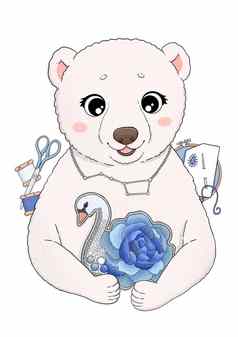 可爱的白色熊刺绣天鹅胸针