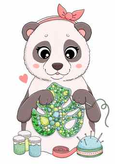 可爱的熊猫刺绣monstera胸针