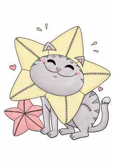 有趣的灰色猫明星形状枕头用钩针编织