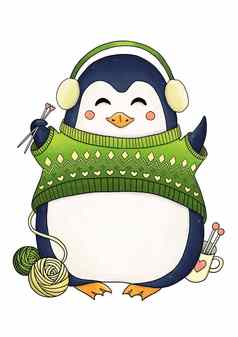 可爱的企鹅绿色毛衣针织