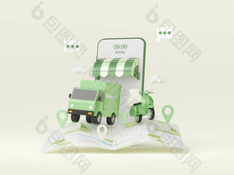交付服务移动应用程序运输交付卡车踏板车插图
