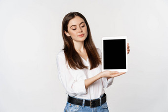 肖像企业女人显示平板电脑屏幕展示公司网站站白色背景