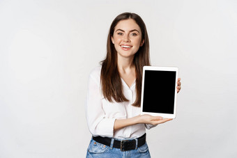 肖像企业女人显示平板电脑屏幕展示公司网站站白色背景