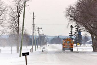 学校公共汽车旅行国家路雪地里吹雪冬天