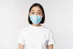 健康科维德流感大流行概念图像朝鲜文女人脸医疗面具惊讶反应惊讶站白色背景