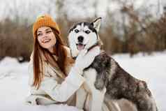 女人雪玩狗有趣的友谊新鲜的空气