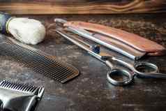 古董理发师工具危险的剃须刀美容剪刀手册限幅器金属梳子剃须刷