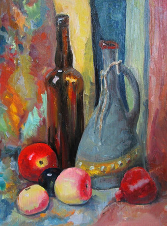 乡村瓶苹果石油绘画