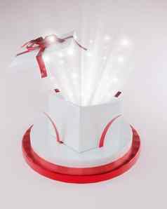 开放礼物盒子礼物盒子红色的丝带弓孤立的白色背景讲台上影子呈现节日概念礼物给特殊的一天圣诞节情人节一天庆祝活动庆祝