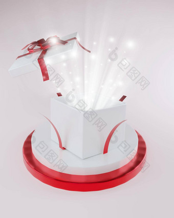 开放礼物盒子礼物盒子红色的丝带弓孤立的白色背景讲台上影子呈现节日概念礼物给特殊的一天圣诞节情人节一天庆祝活动庆祝