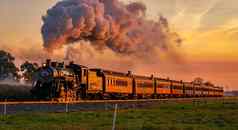 视图古董蒸汽乘客火车接近日出完整的头蒸汽烟