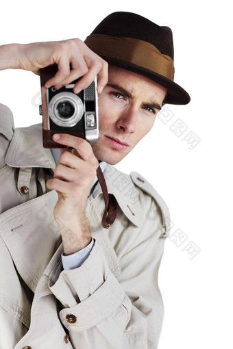 搜索拍摄记者采取照片复古的相机白色背景