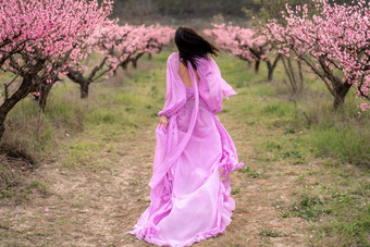 女人长粉红色的衣服走公园桃子果园大盛开的桃子果园