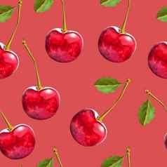 插图现实主义无缝的模式浆果红色的樱桃绿色叶红色的背景