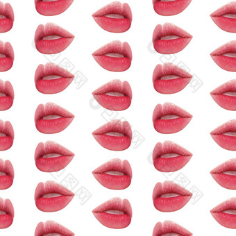 插图现实主义无缝的模式女嘴<strong>唇</strong>粉红色的颜色白色孤立的背景