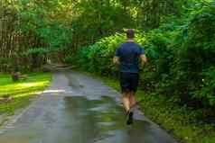 男人。运动员运行公园在户外森林橡木树绿色草年轻的持久的运动运动员森林生活方式户外培训健康马拉松慢跑秋天身体运行距离延伸