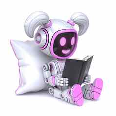 可爱的粉红色的机器人女孩享受读书