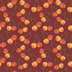 插图现实主义无缝的模式浆果橙色樱桃黑暗棕色（的）背景