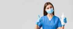 科维德防止病毒医疗保健工人概念女护士医生蓝色的实习医生风云医疗面具手套推荐肥皂洗手液冠状病毒感染