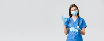 科维德防止病毒健康医疗保健工人概念专业女护士医生蓝色的实习医生风云个人保护设备显示标志给医疗面具