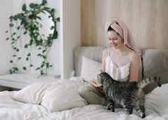 年轻的女人可爱的猫阅读书休息床上懒惰的周末首页爱宠物概念关闭复制空间室内背景爱在一起宠物在室内