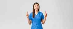 医疗保健工人防止病毒科维德测试筛选医学概念有关集中女医生护士蓝色的实习医生风云指出手指横幅